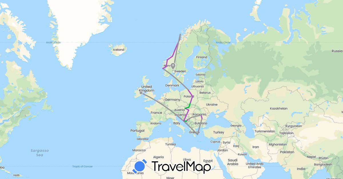 TravelMap itinerary: driving, bus, plane, train in Bosnia and Herzegovina, Greece, Croatia, Hungary, Ireland, Norway, Poland, Romania, Serbia, Slovakia (Europe)